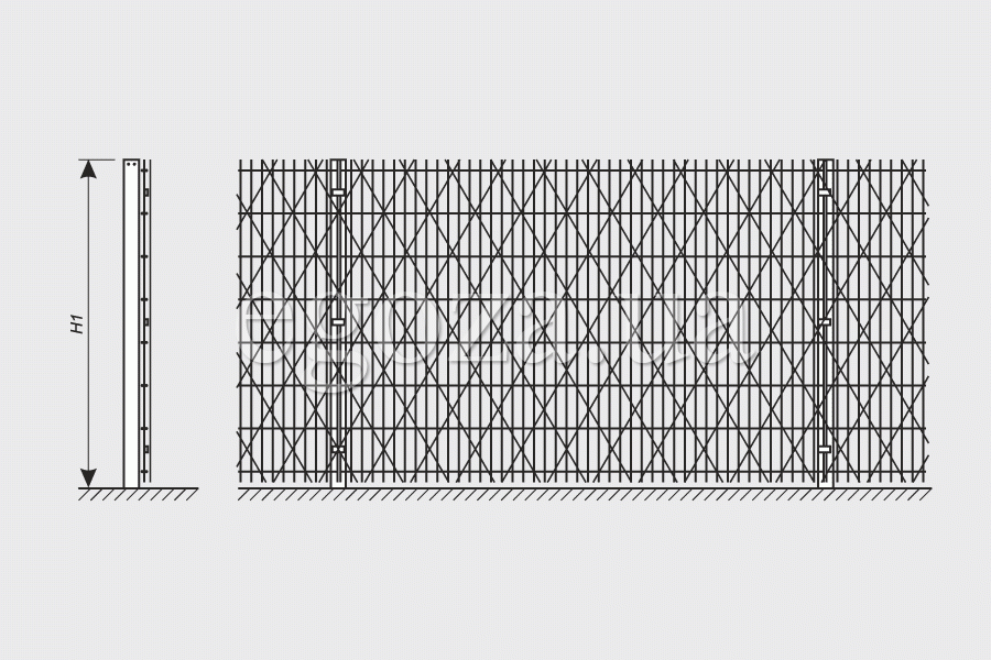 Drawing fence of welded panels and Egoza razor mesh